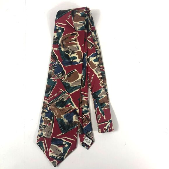 Vintage OAKTON Ltd. 100% Silk Tie Abstract Geometric Art Deco Style Red Blue Bro - Picture 2 of 6